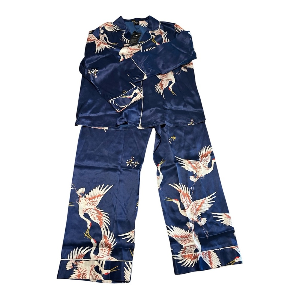 SILK SILKY Navy Silk Crane Print Pajama Set Long Sleeve Shirt Pants Size XL NWT - Picture 4 of 10